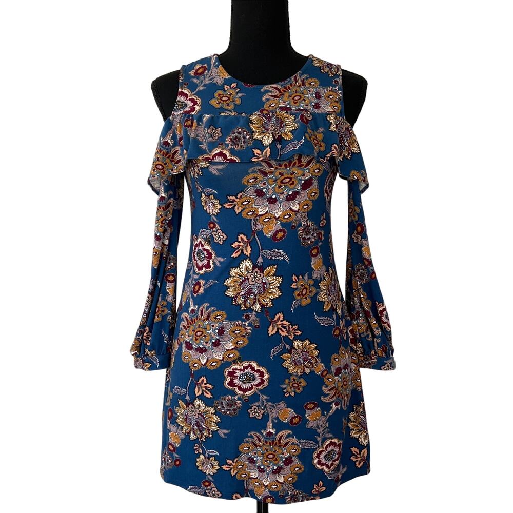 Super Soft! Boho Blue Gold Garnet Floral Cold Shoulder Dress Size Girls 12